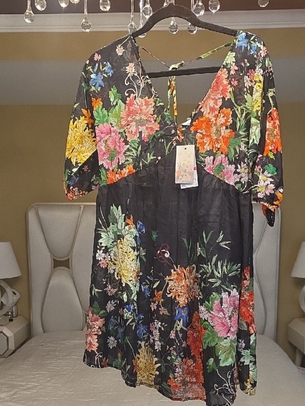 Johnny Was Metalli Note A-Line Black Swing Mini Dress with Multicolor Blooms XS - Picture 4 of 15